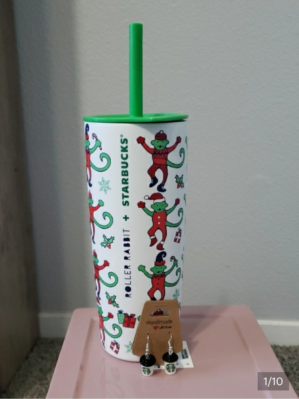Starbucks X Roller Rabbit Monkey Mas White And Green Holiday Tumbler Earrings